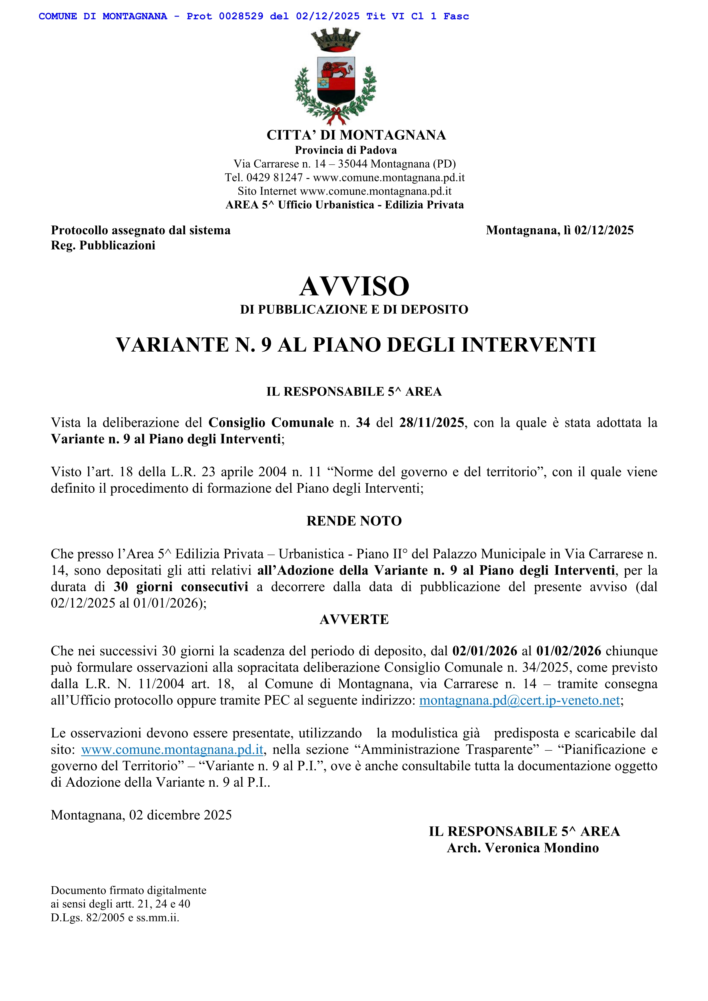 Avviso di pubblicazione e deposito variante n. 9 al Piano degli Interventi