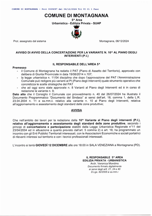 Avviso di avvio della concertazione per la Variante n. 12 al Piano degli Interventi (P.I.)